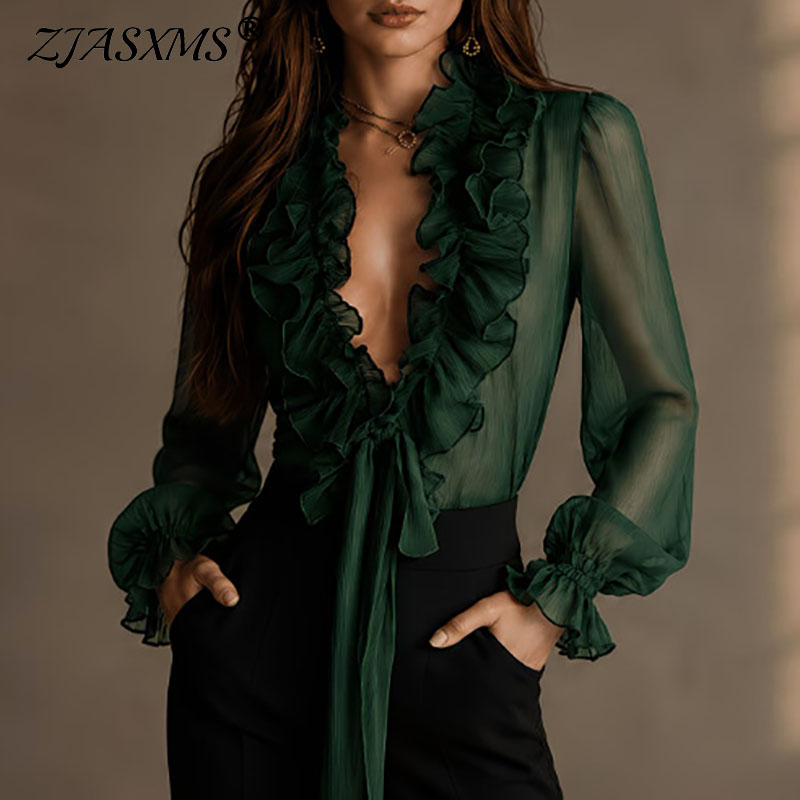 Women'S Formal Wear Blouse - Elegant Women Solid Sheer Shirt Deep