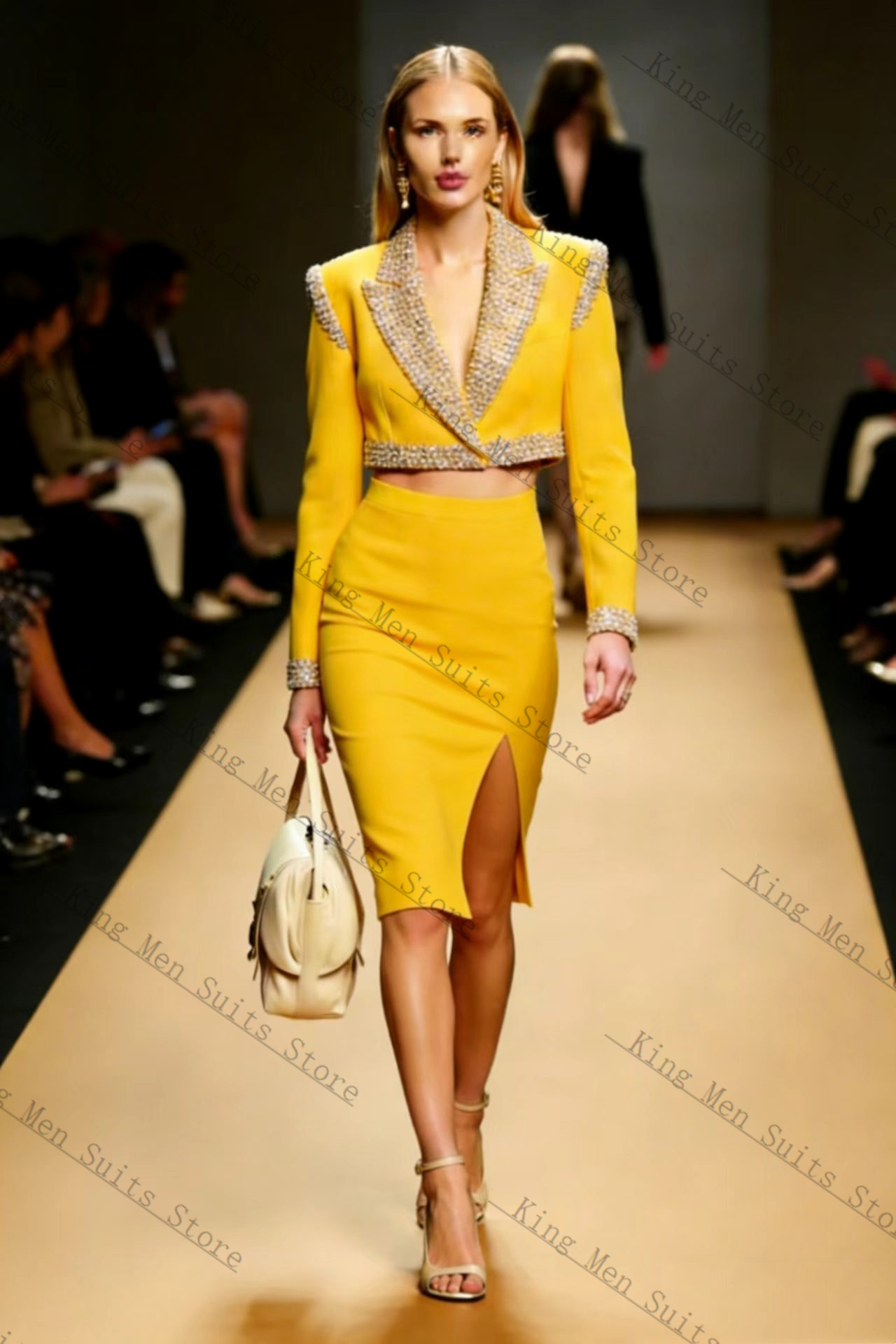 Women Formal Party Wear Dress - Yellow Crystals Women Suit Skirt Set