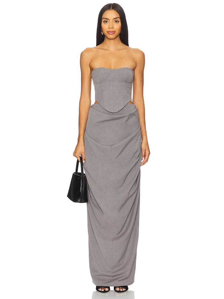 Women Formal Wear Dress - Grey Off Shoulder Corset Ruched Dress