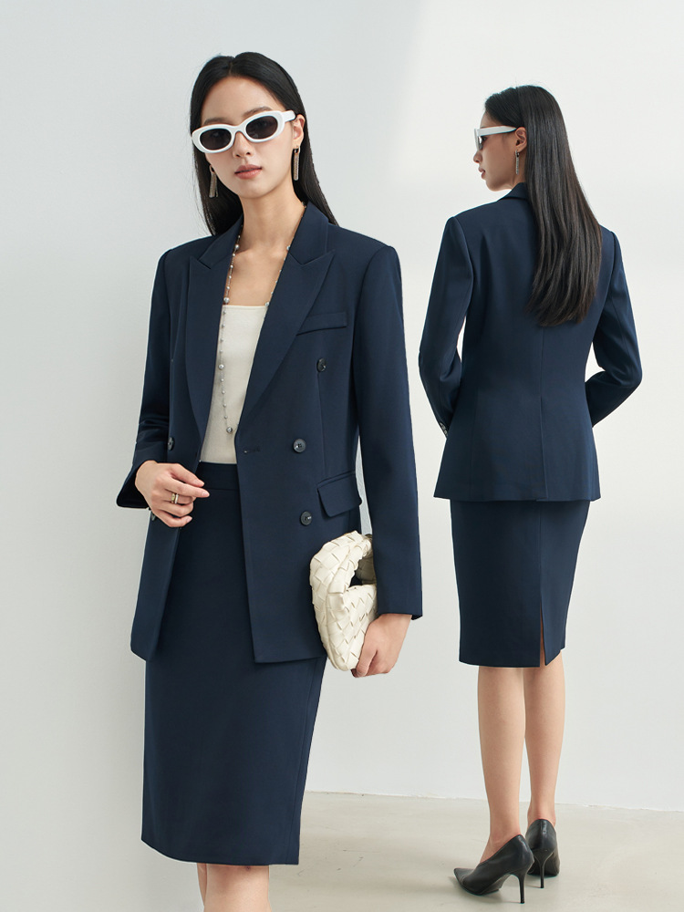 Women Formal Wear For Interview - Navy Blue Professional Skirt Suit for