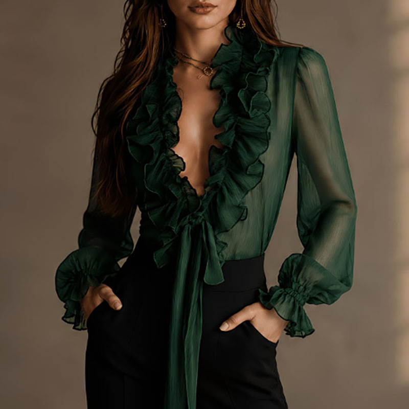 Elegant Women Solid Sheer Shir - Women'S Formal Wear Blouse 评论和价格