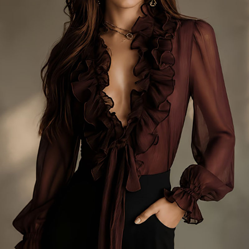 Elegant Women Solid Sheer Shir - Women'S Formal Wear Blouse 评论和价格